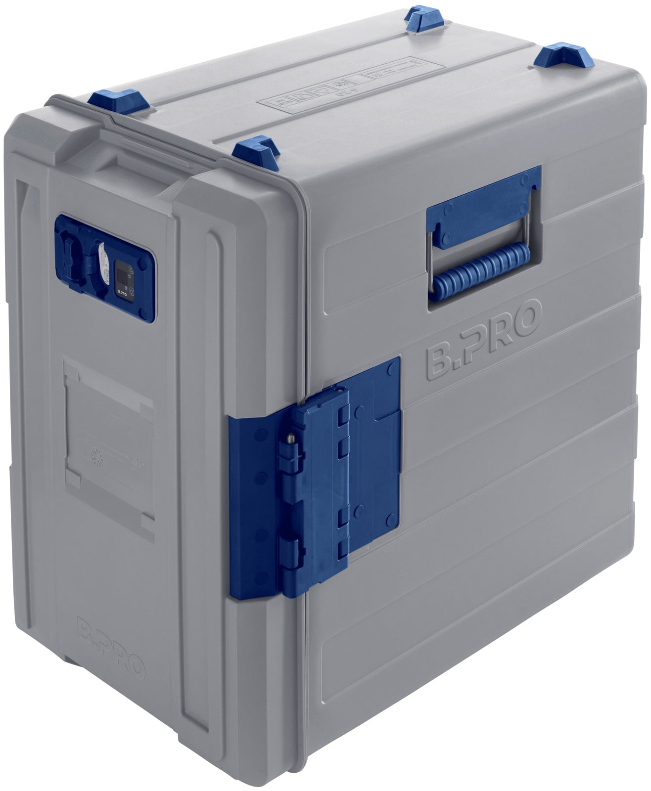 Thermobox mit blauen Griffen.
