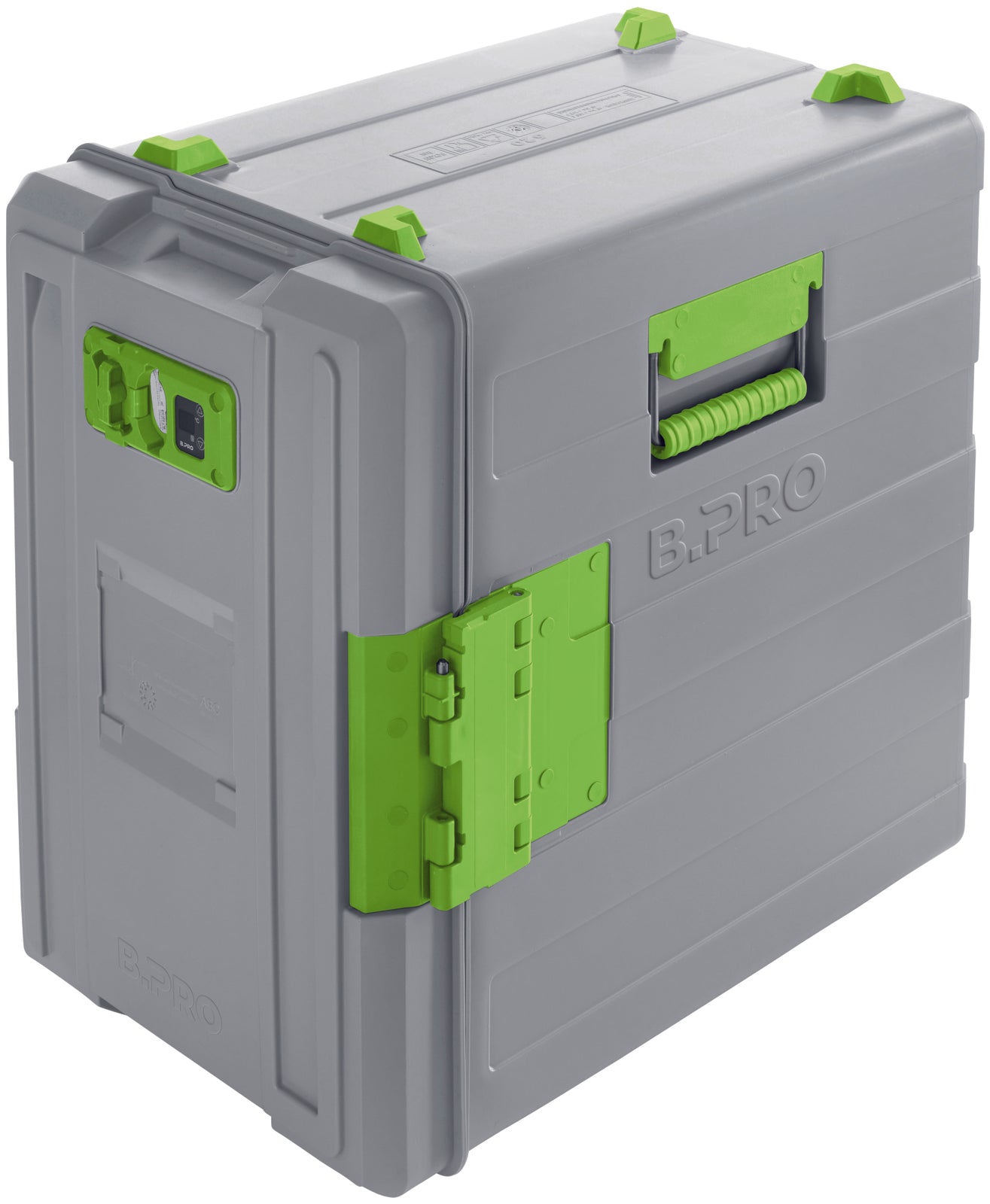 Graue Transportbox mit grünen Akzenten.