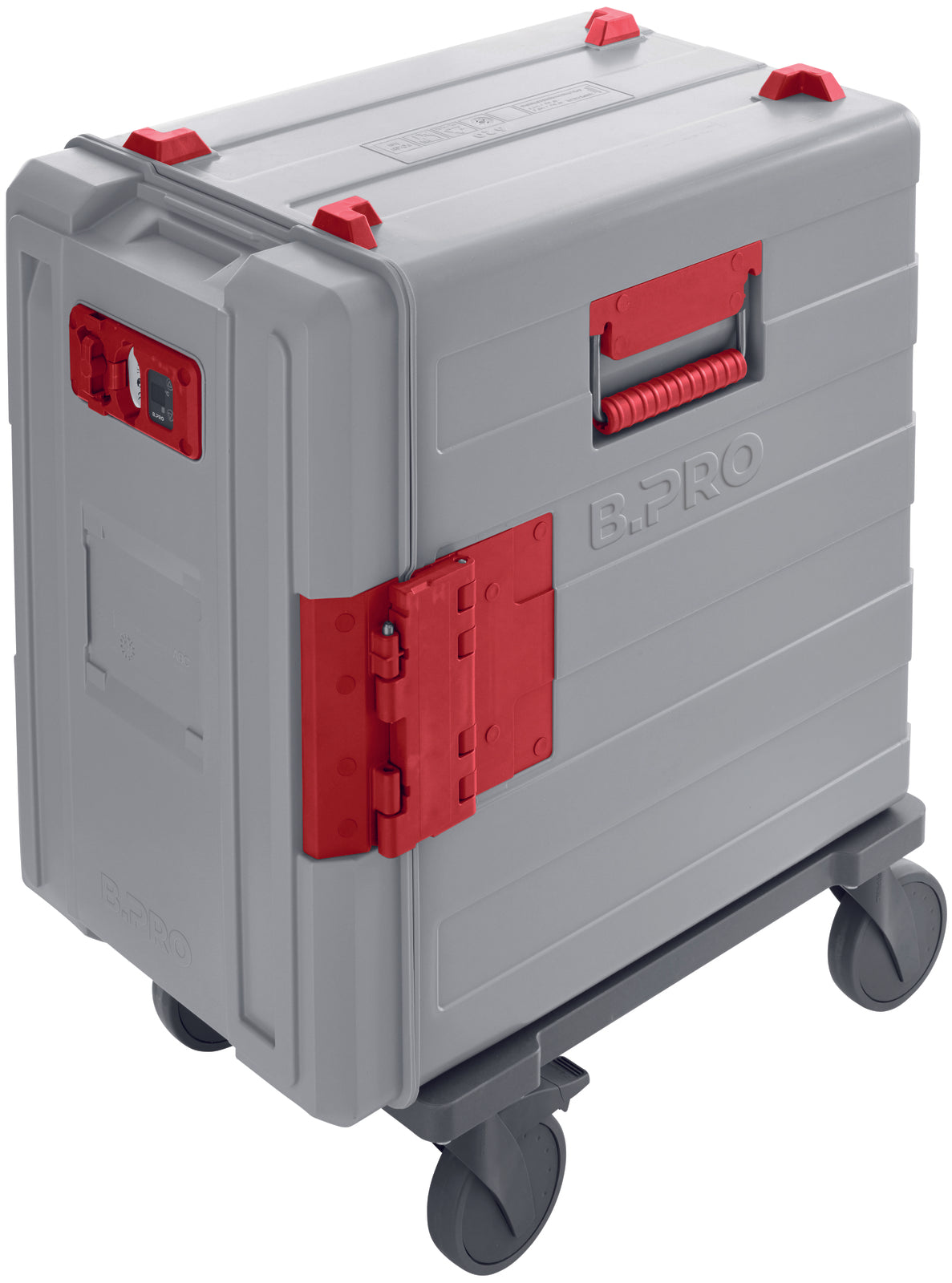 Transportbox auf Rollen mit Griff.