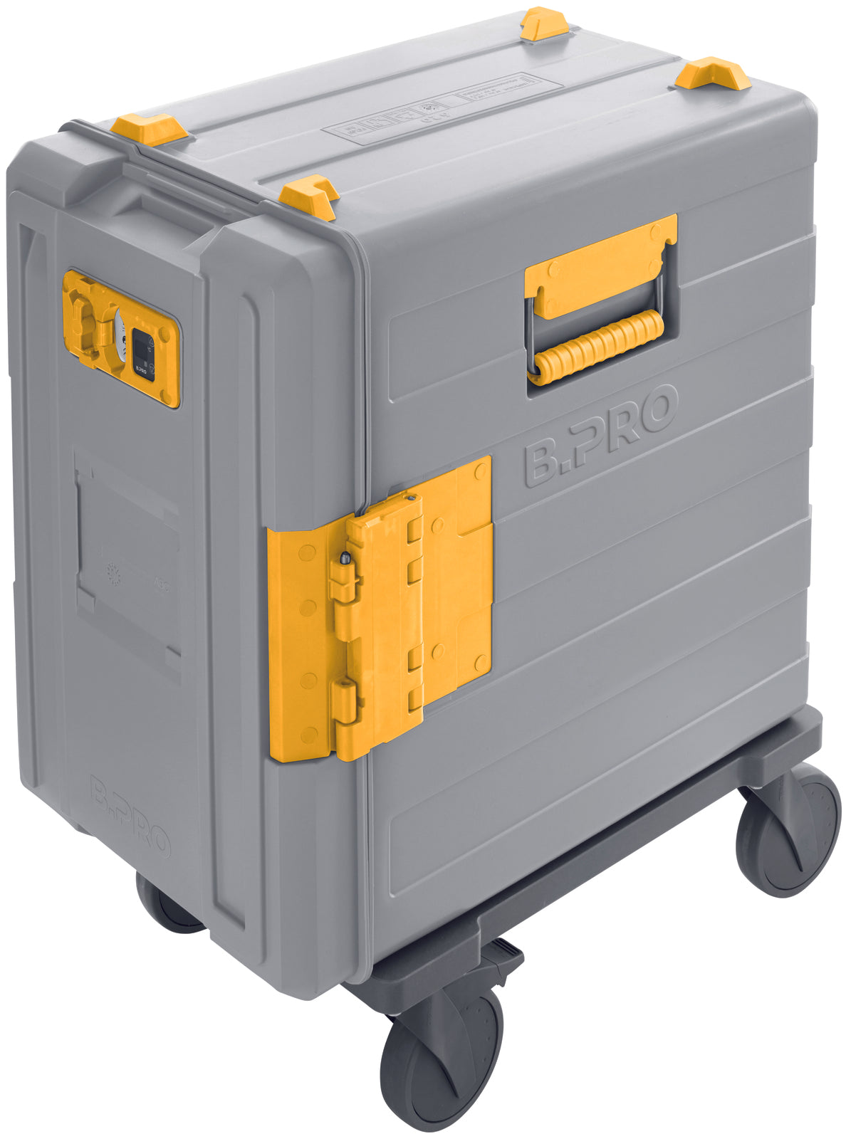Grauer Transportbehälter mit Rollen.