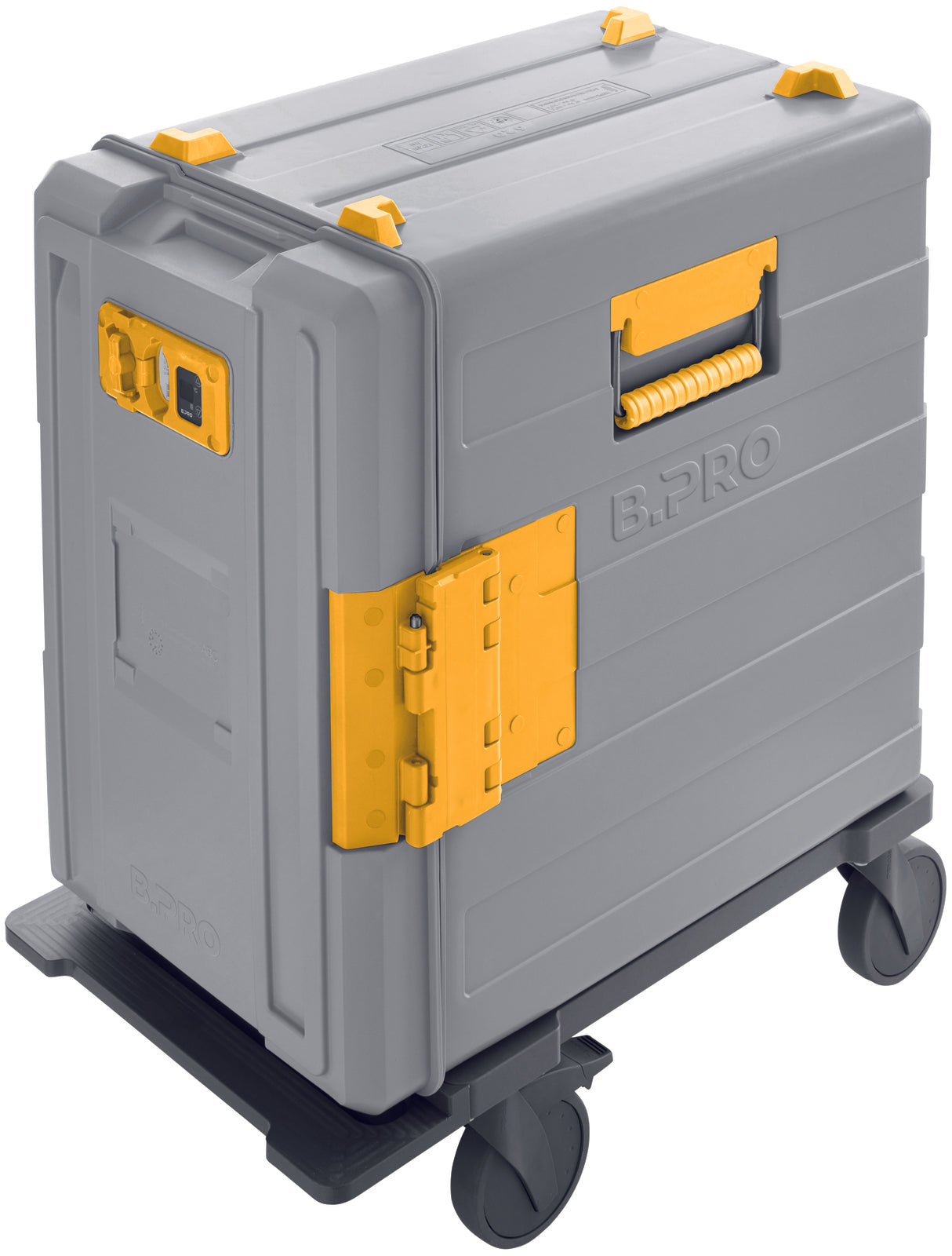 Grauer Transportbehälter mit Rollen.