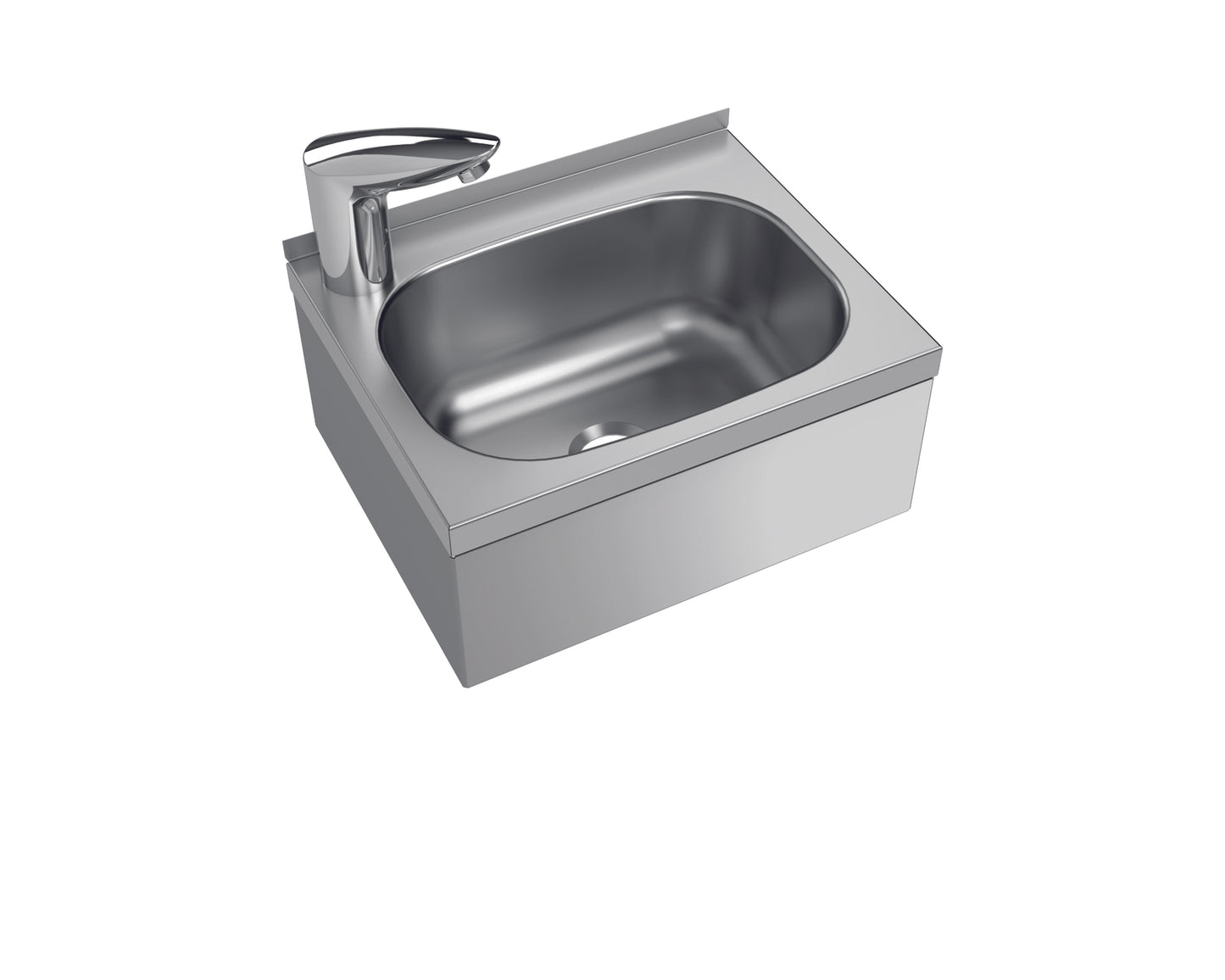 Edelstahl-Wandwaschbecken mit Wasserhahn.