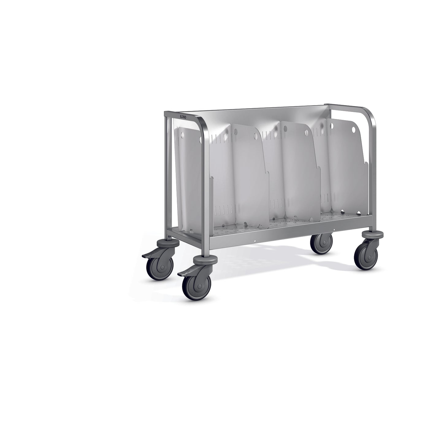 Transportwagen mit Rollen und Trennwänden.