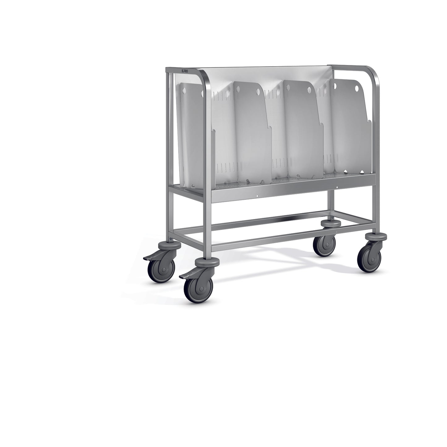 Metallwagen mit Rollen und Fächern.