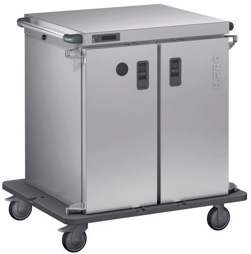 Mobiler Edelstahl-Gastronomiewagen mit Rollen.
