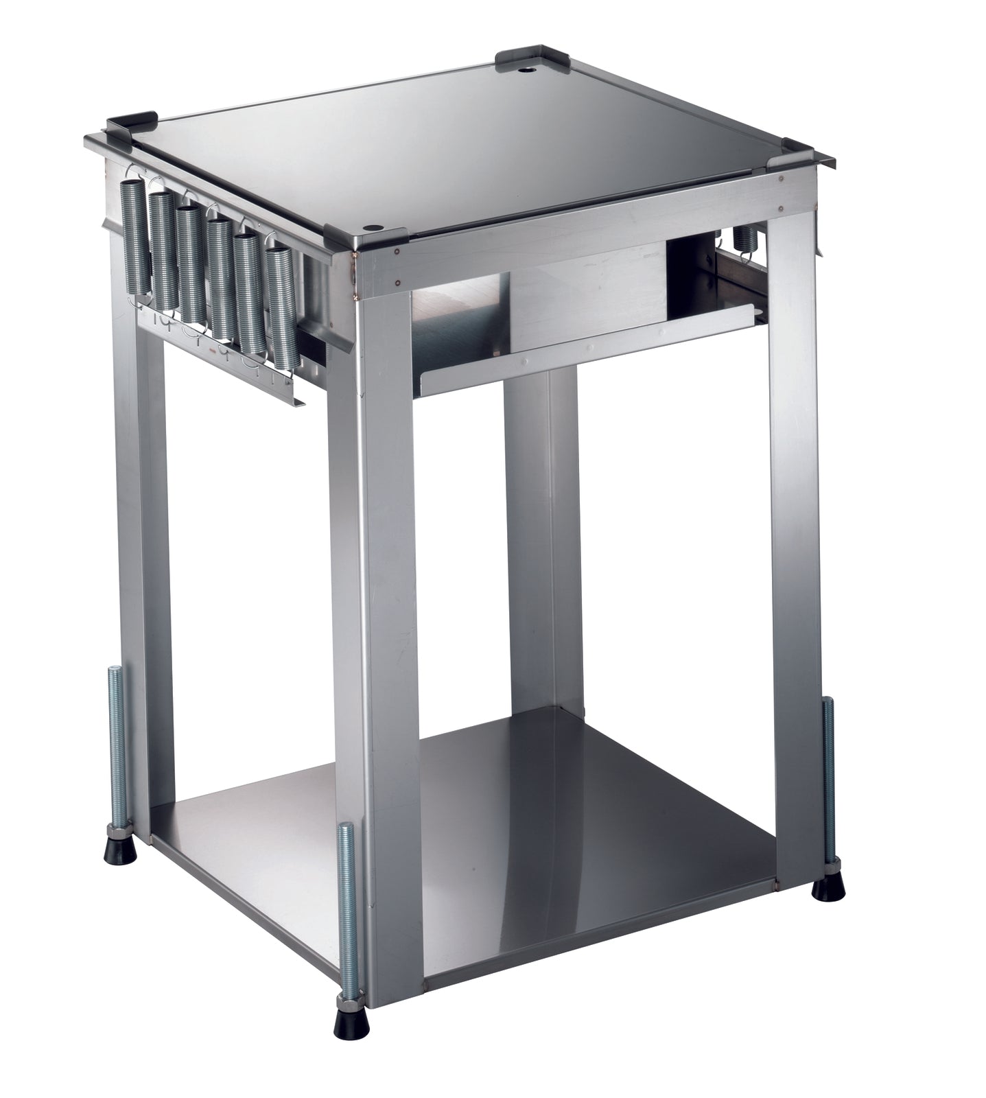 Metallischer Tisch mit Rollenhalterung.