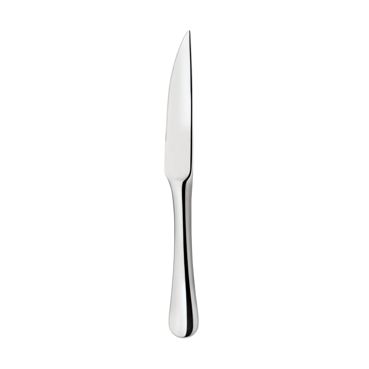 Silbernes Steakmesser auf weißem Hintergrund.