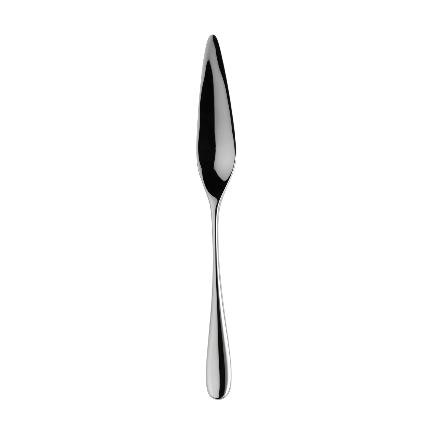 Silberner Fischmesser auf weißem Hintergrund.