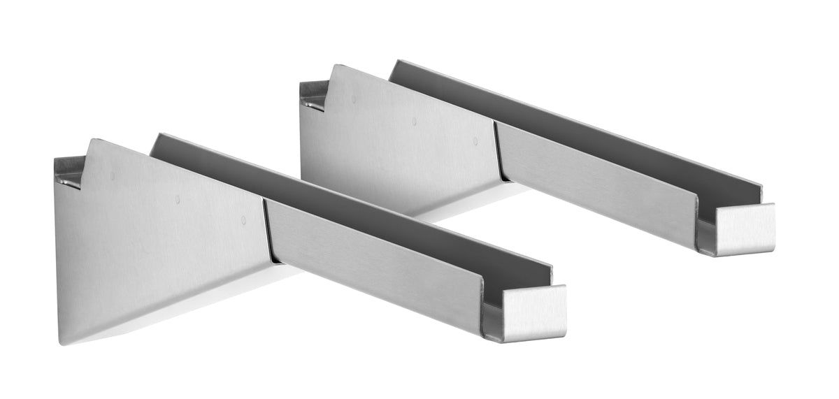 Zwei Edelstahl-Wandhalterungen für Tabletts.
