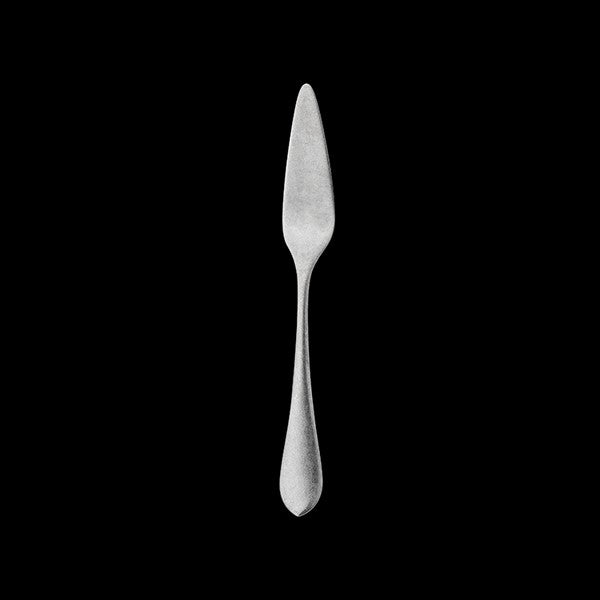 Silberner Fischmesser auf schwarzem Hintergrund.