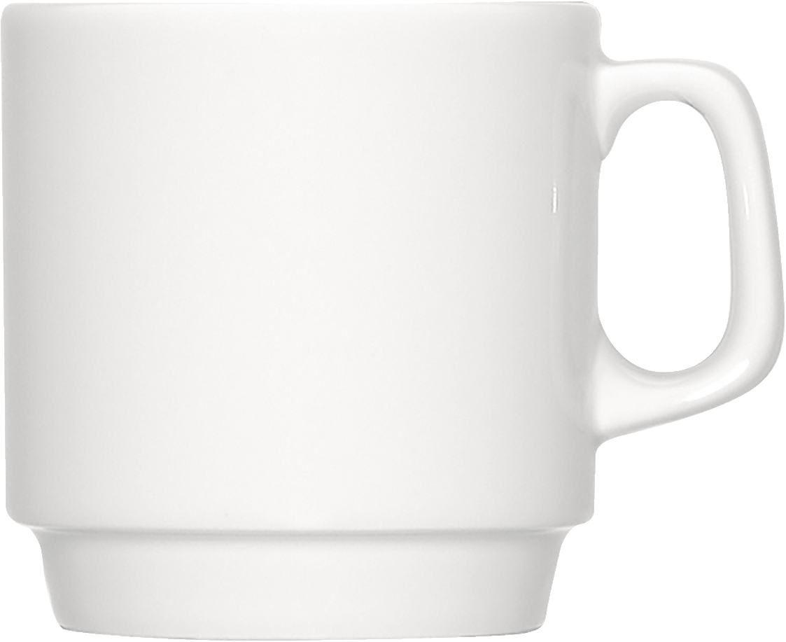 Weiße Tasse mit Henkel.