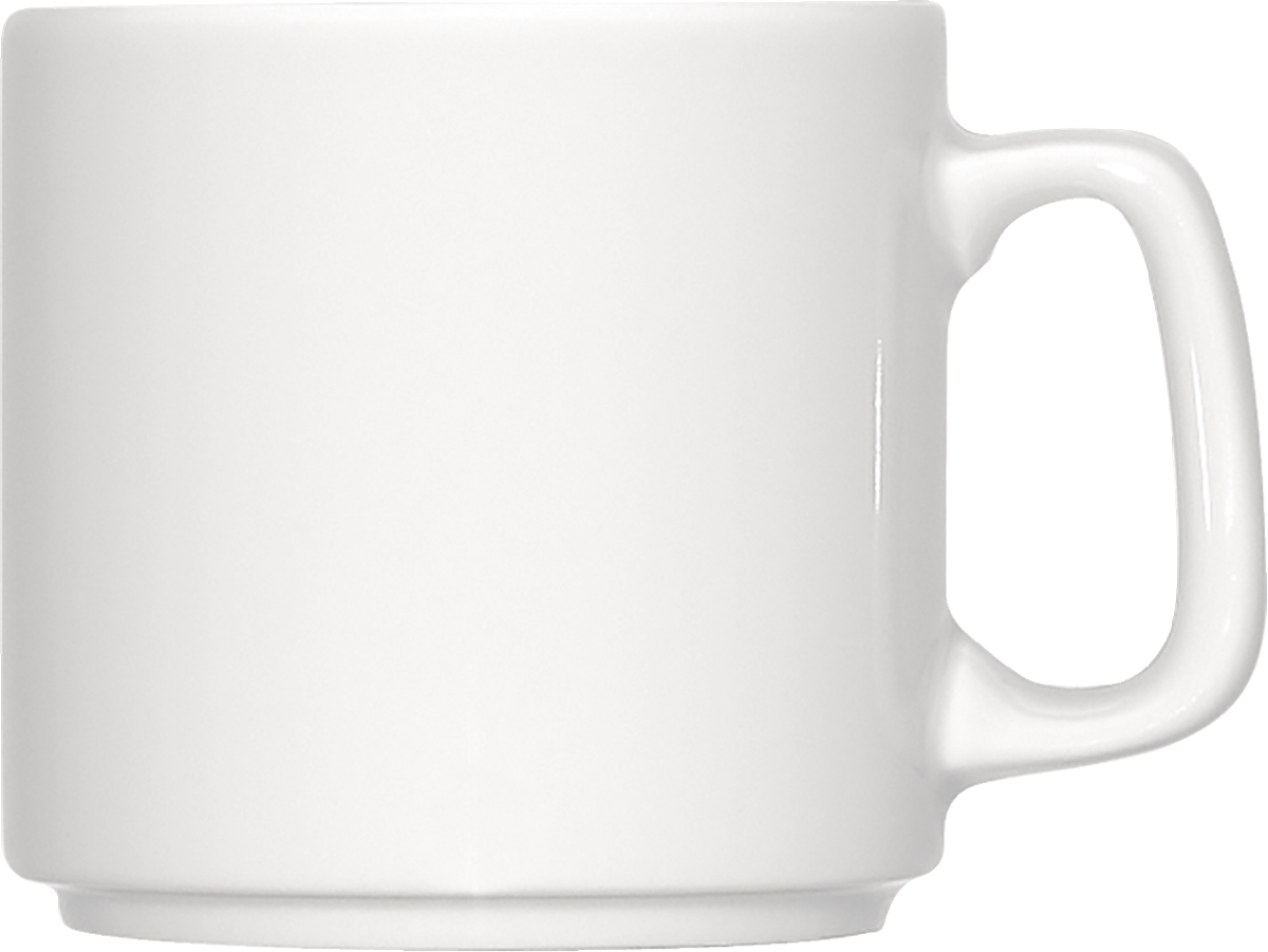 Weiße Tasse mit Henkel.