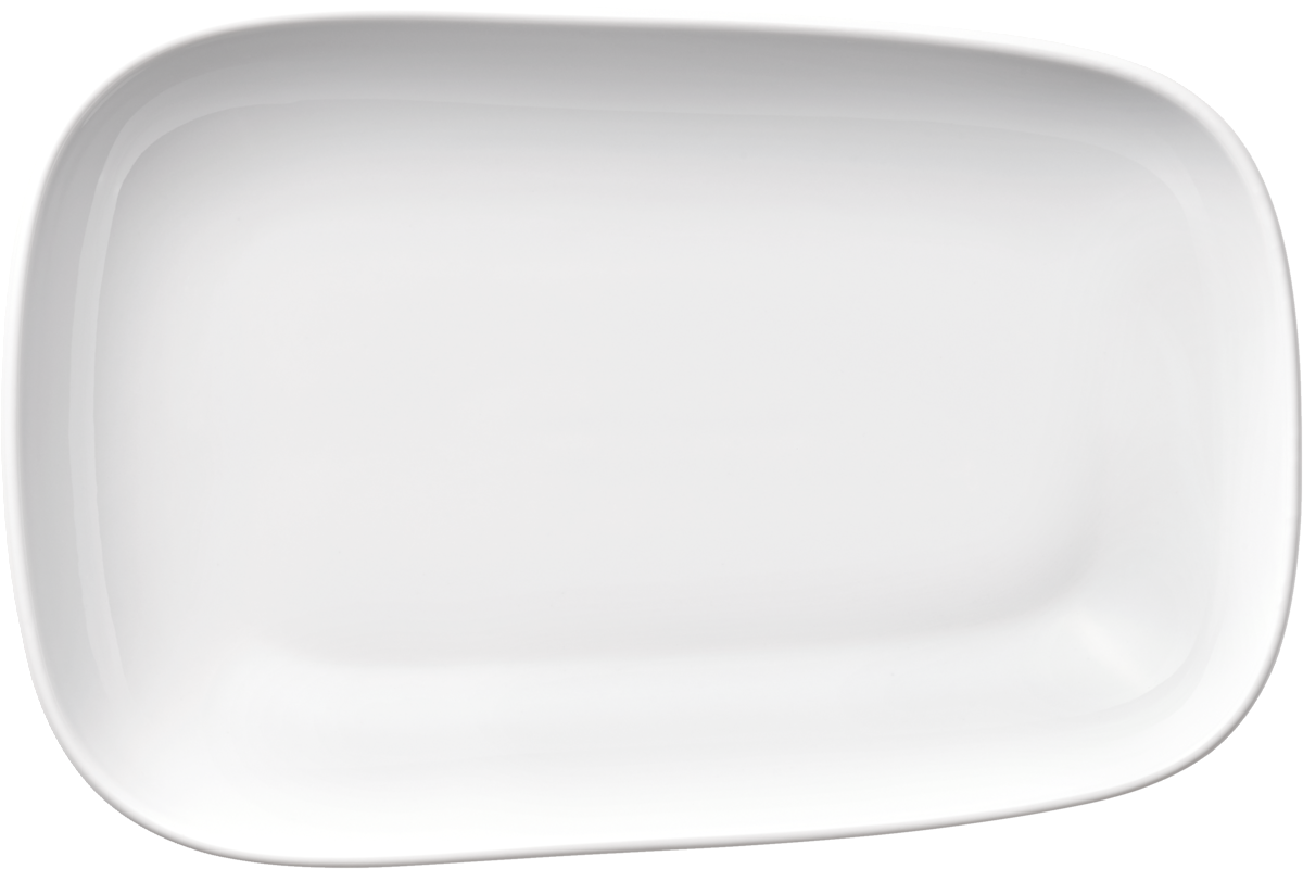 Weiße Porzellanschale, rechteckig, schlicht.