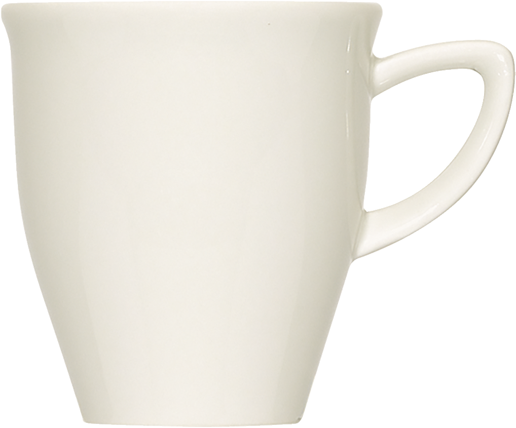 Weiße Tasse mit Henkel.