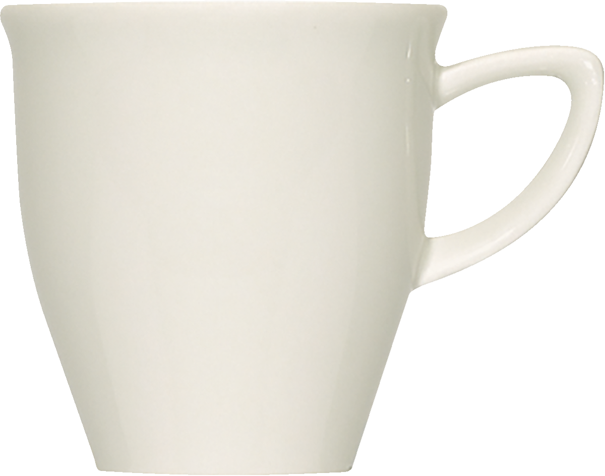 Weiße Tasse mit Henkel.