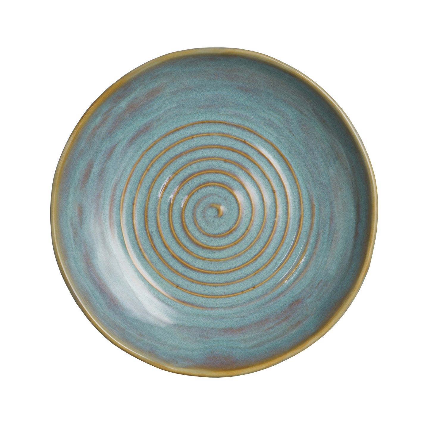 Blauer Teller mit Spiralmuster.