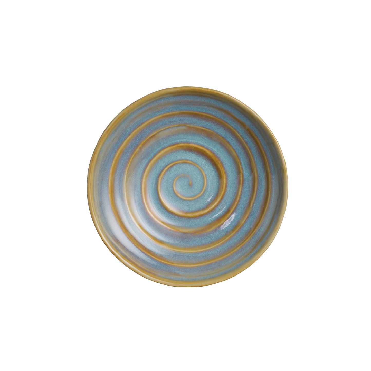 Blauer Teller mit Spiralmuster.