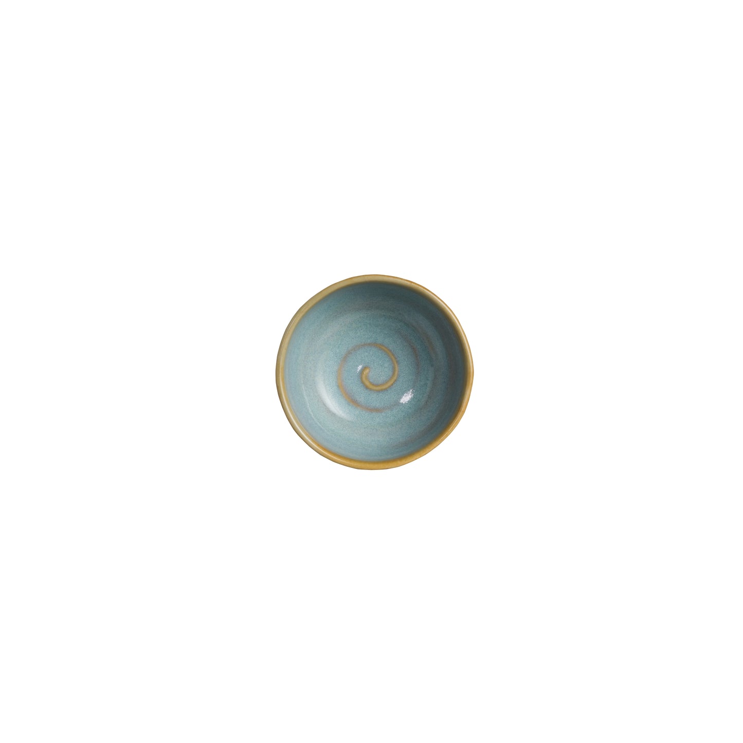 Blaue Keramikschale mit Spiralmuster.