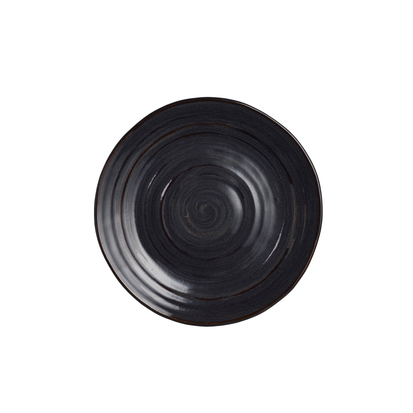 Schwarzer Teller mit spiralförmigem Muster.