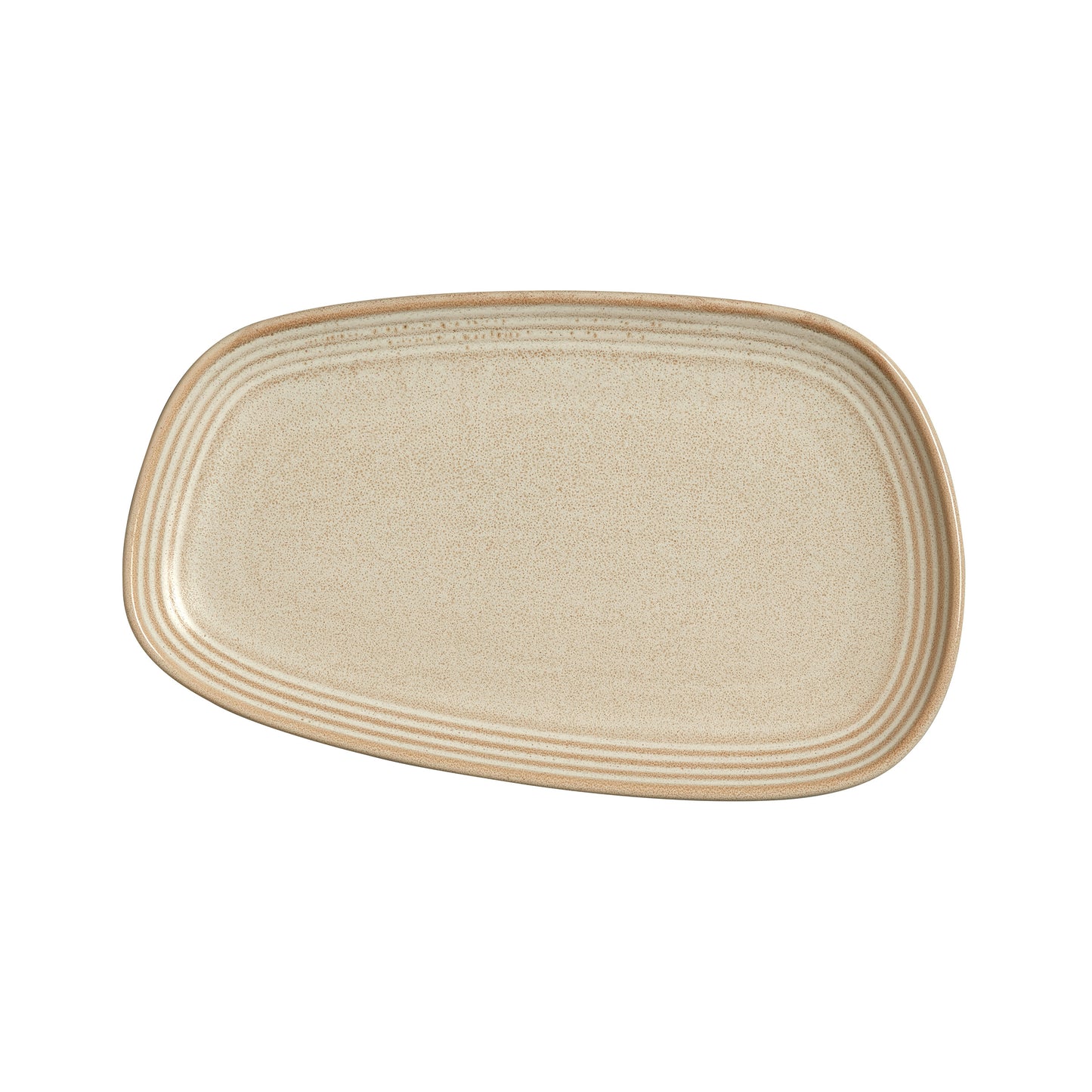 Rechteckiger, beige, gerippter Teller.