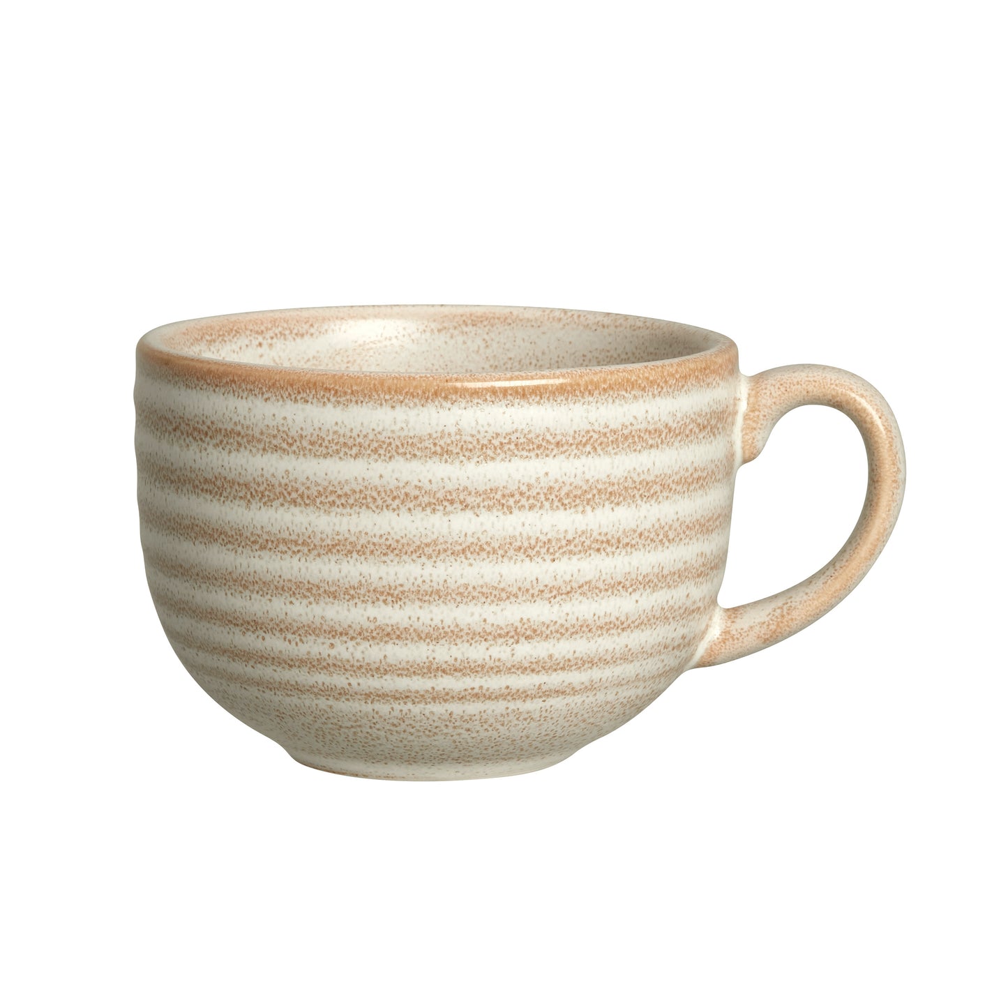Beige Tasse mit Streifenmuster.