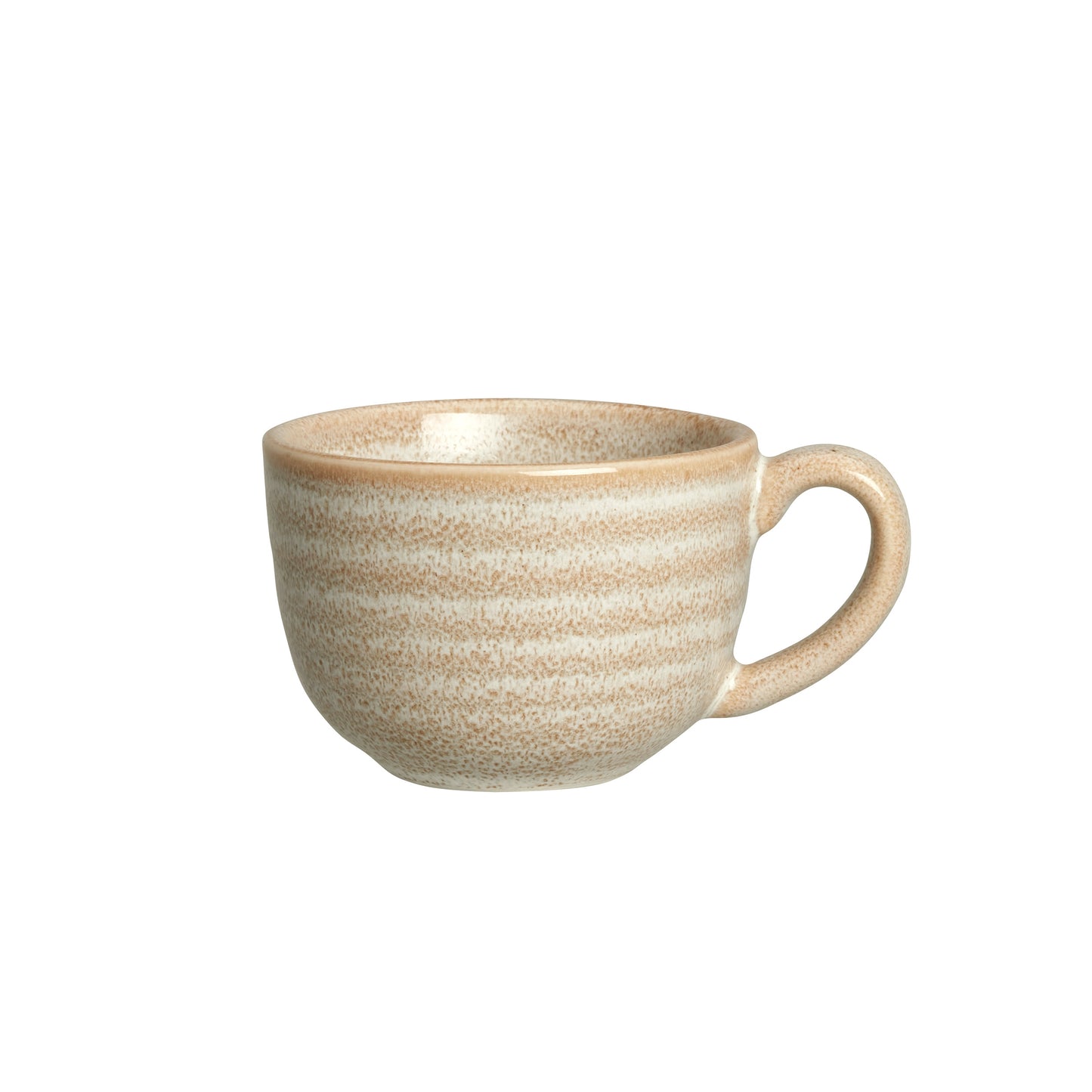 Beige Tasse mit Henkel.