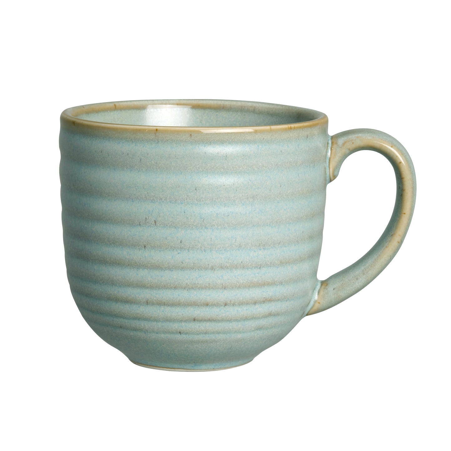 Blaue Keramiktasse mit Henkel.