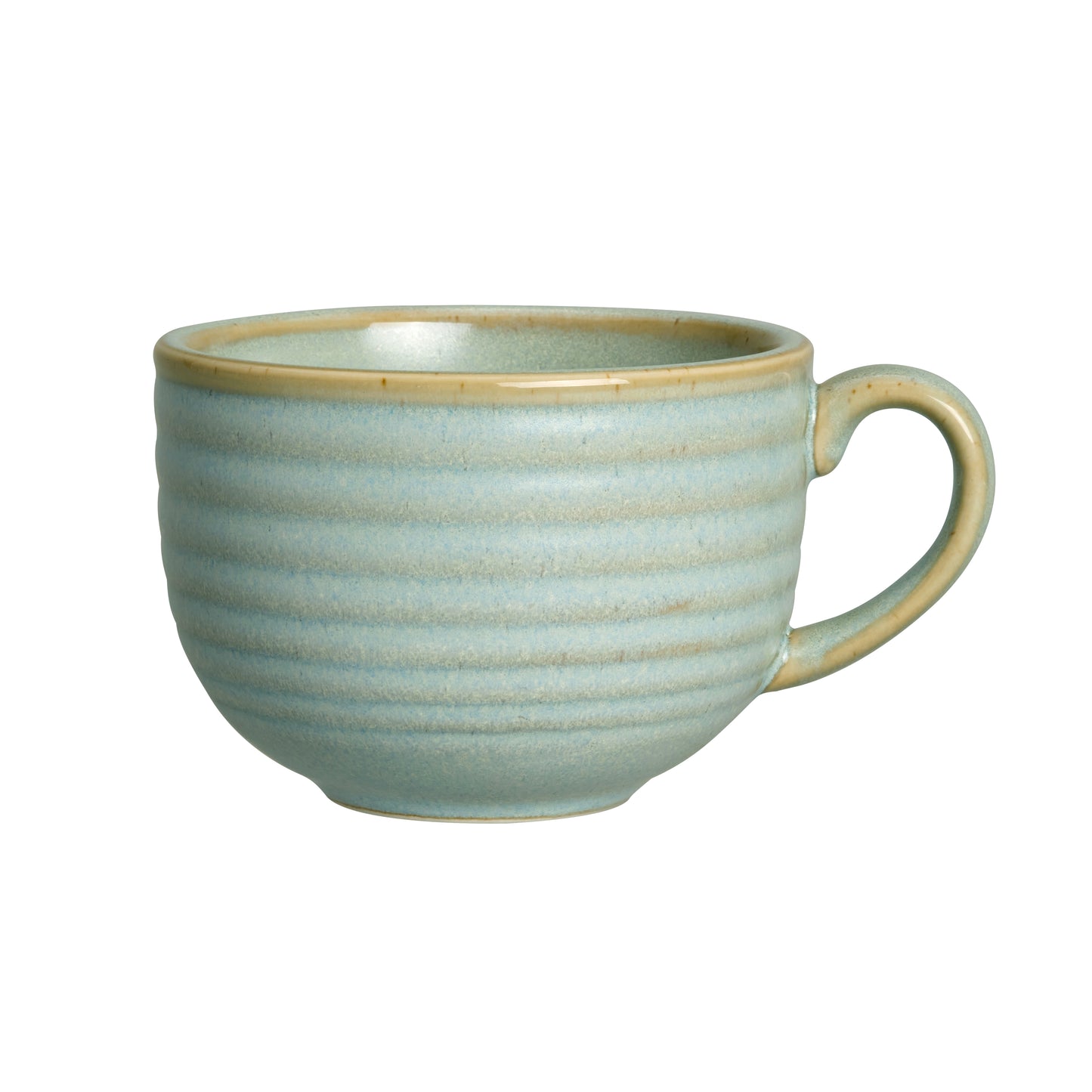 Blaue Keramiktasse mit Henkel.
