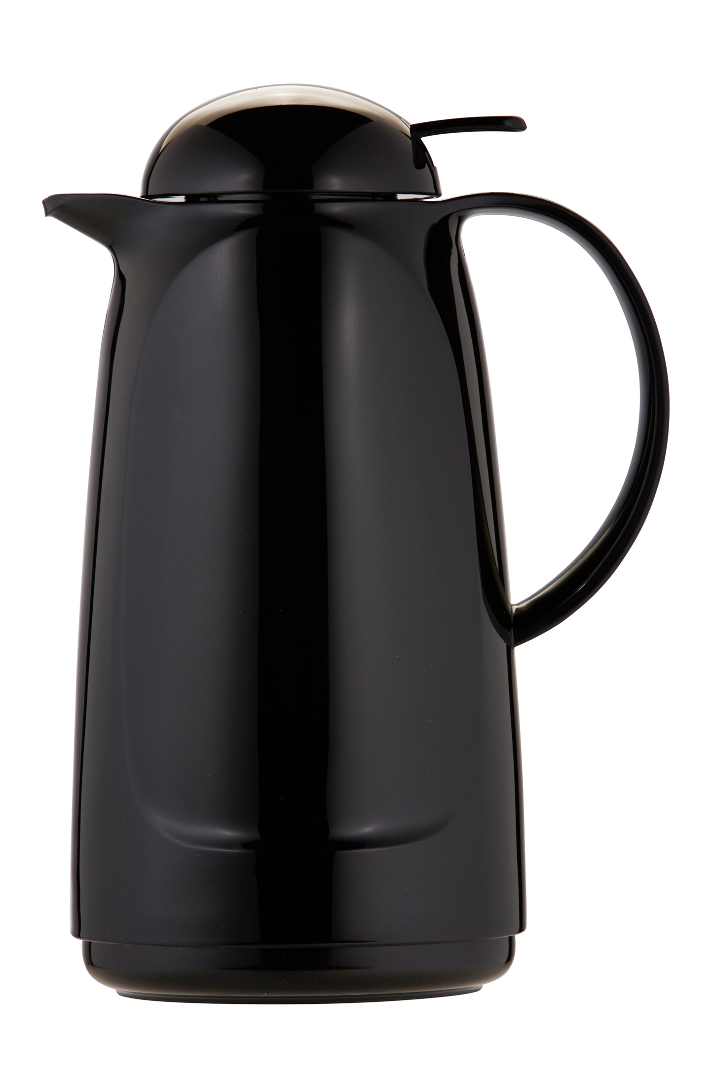 Schwarze Thermoskanne mit Deckel und Griff.