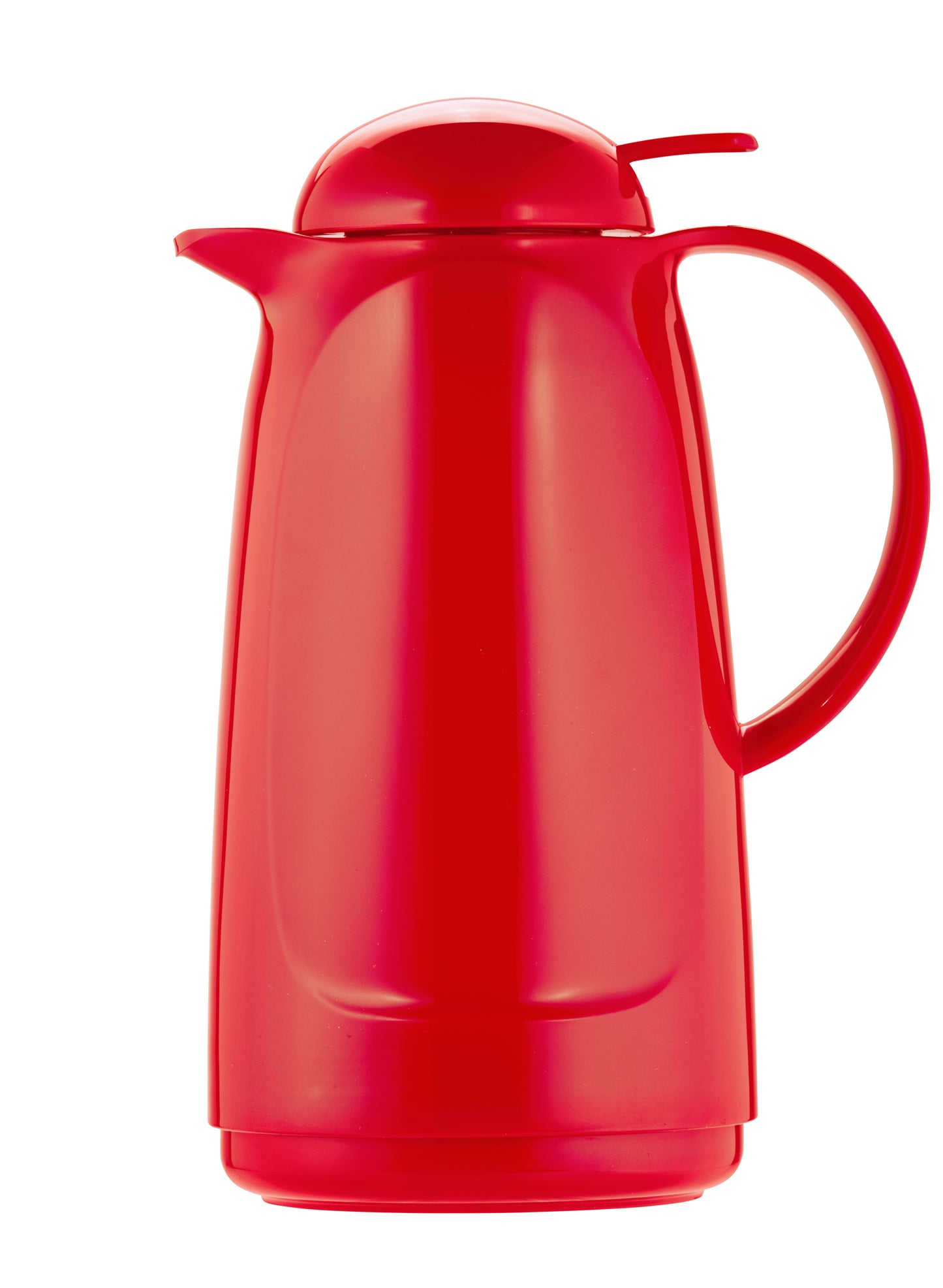 Rote Thermoskanne mit Deckel und Griff.