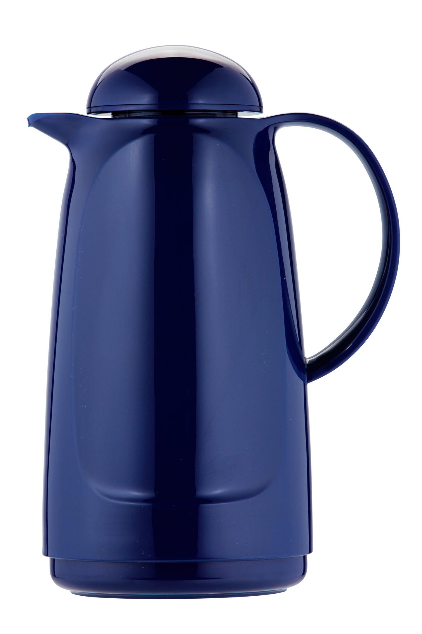 Blaue Thermoskanne mit Henkel.