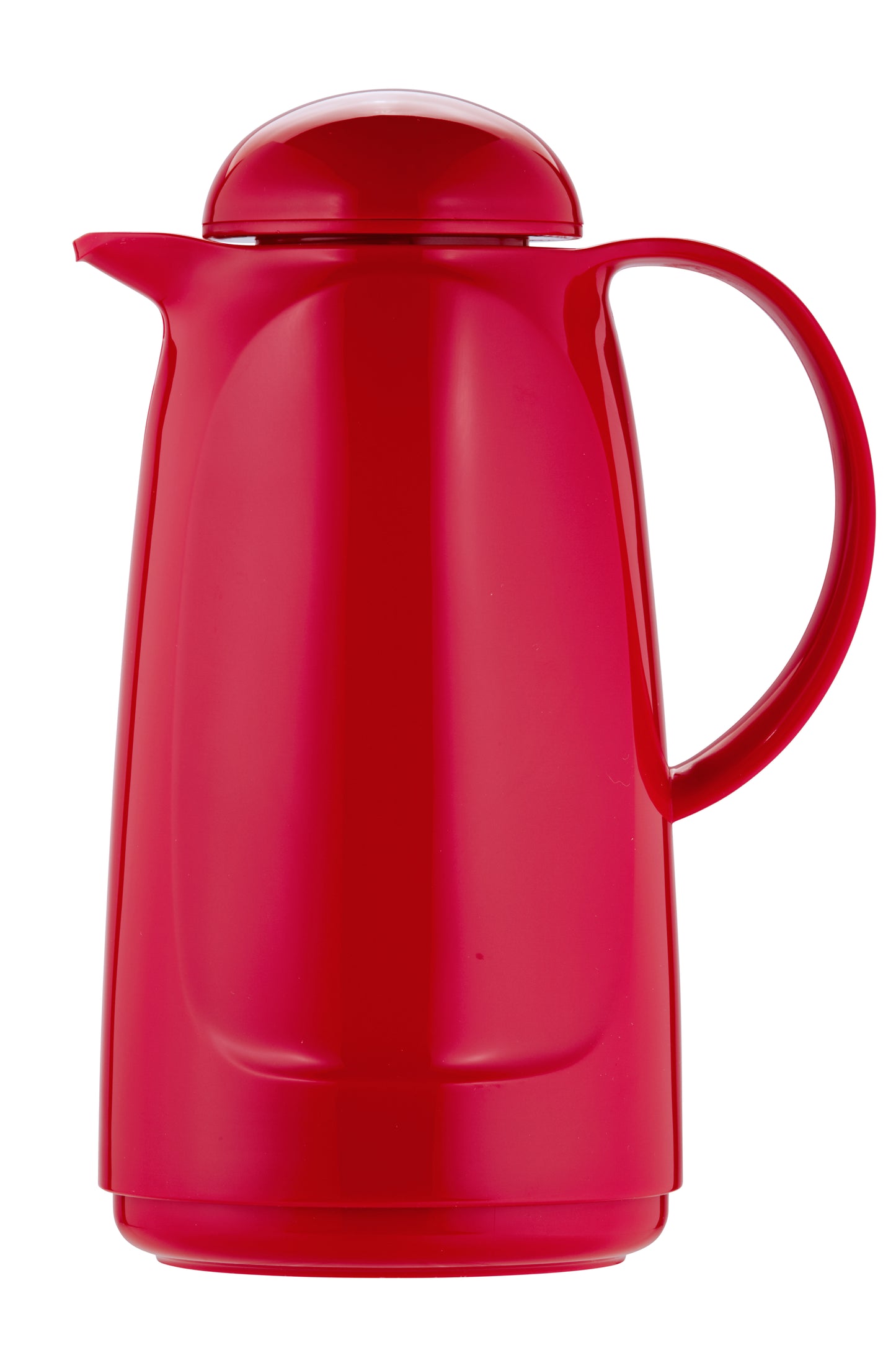 Rote Thermoskanne mit Henkel und Deckel.