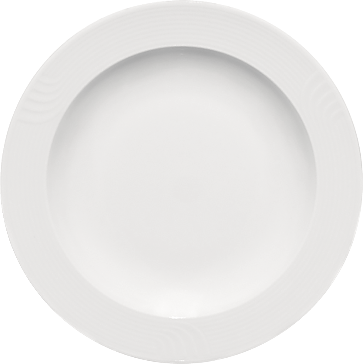 Weiße Porzellanplatte, seitliche Ansicht.