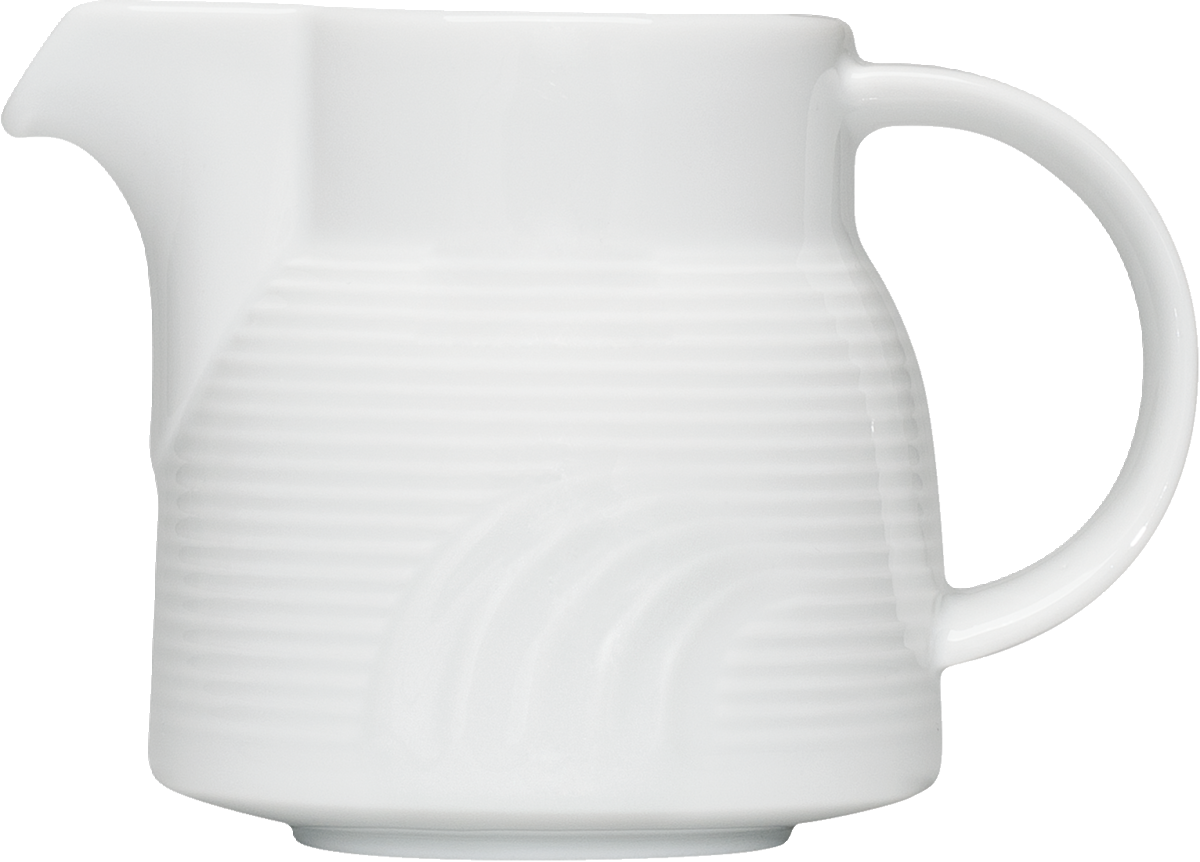 Weißer Keramikkrug mit Henkel.