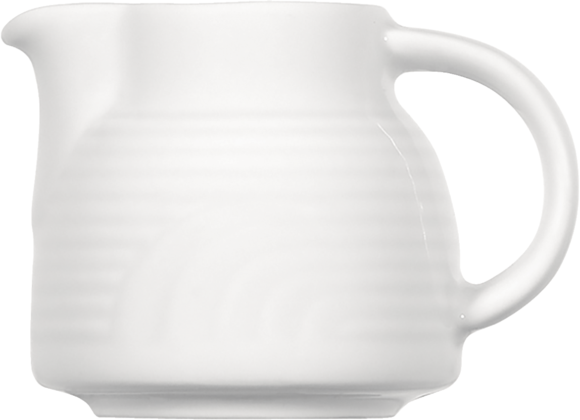 Weißer Keramikkrug mit Henkel.