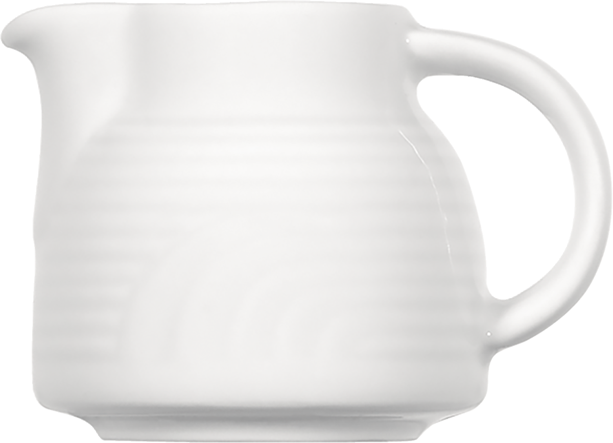Weißer Keramikkrug mit Henkel.