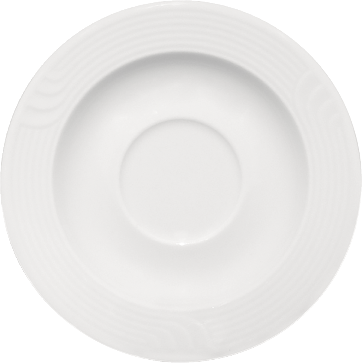 Weiße, flache Porzellanschale, seitlich.