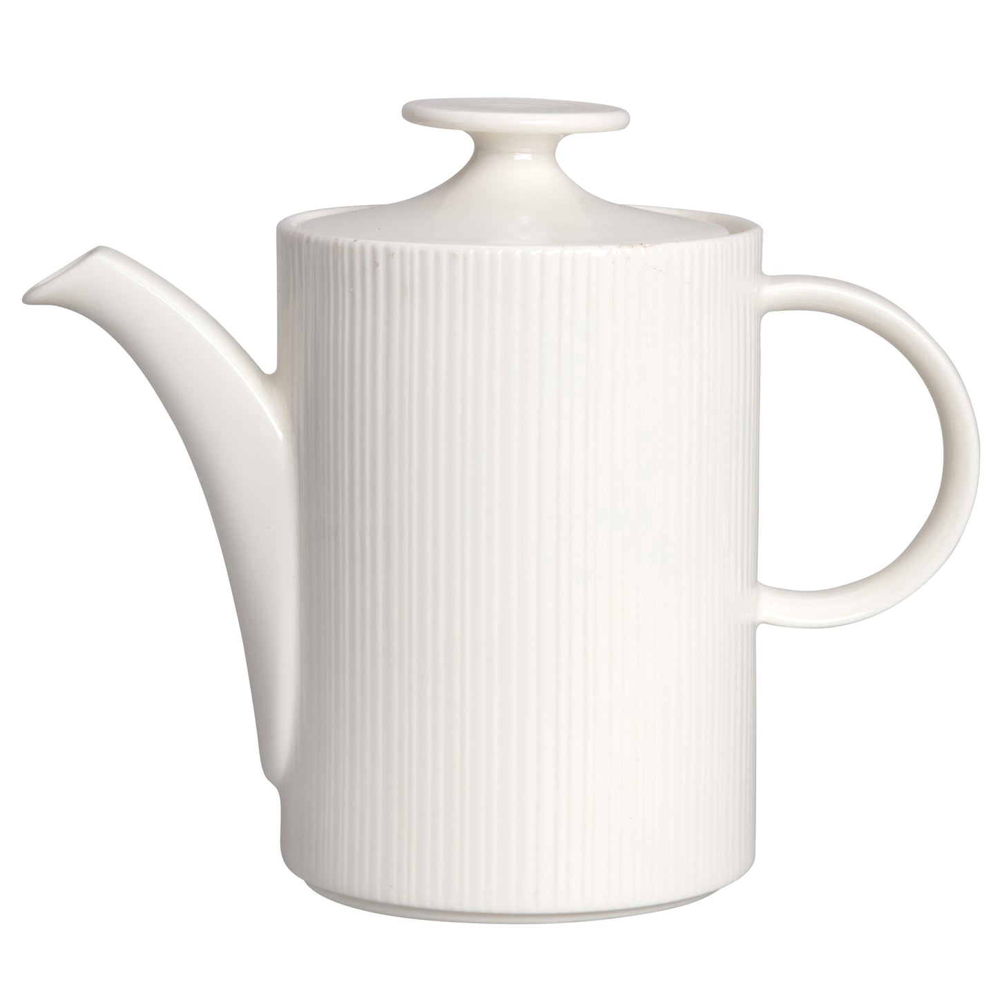 Weiße Kaffeekanne mit Rillenmuster.