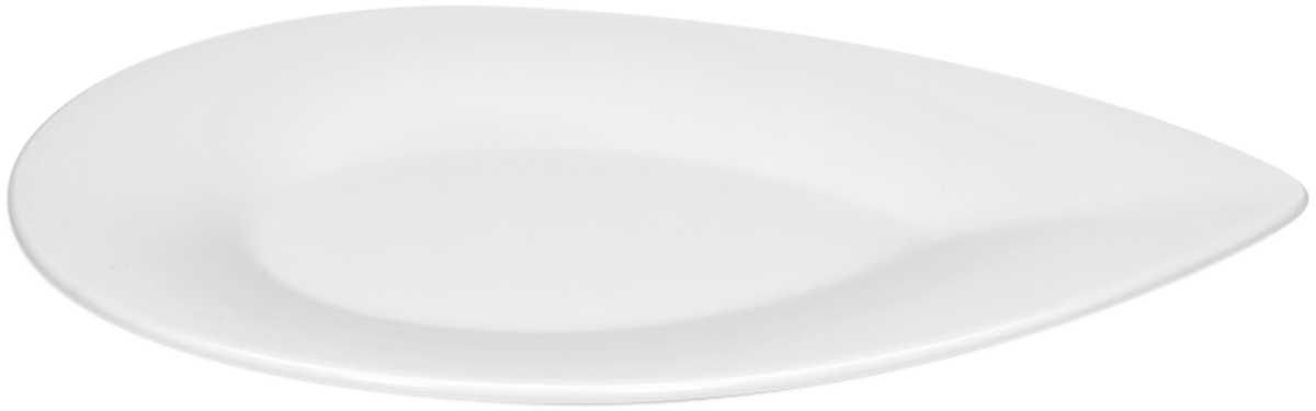 Weißer, tropfenförmiger Porzellanteller.
