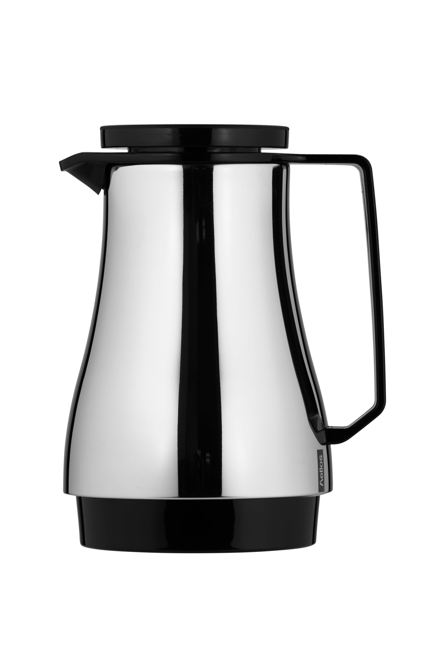 Silberne Thermoskanne mit schwarzem Griff.