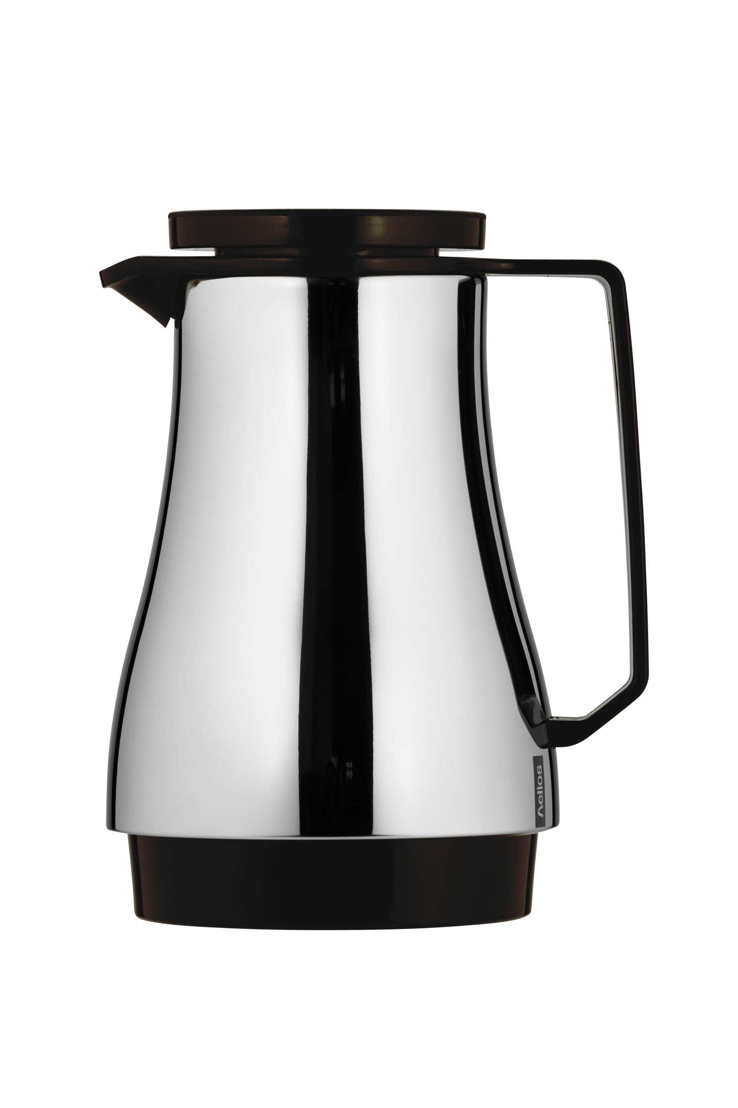 Silberne Thermoskanne mit schwarzem Griff.