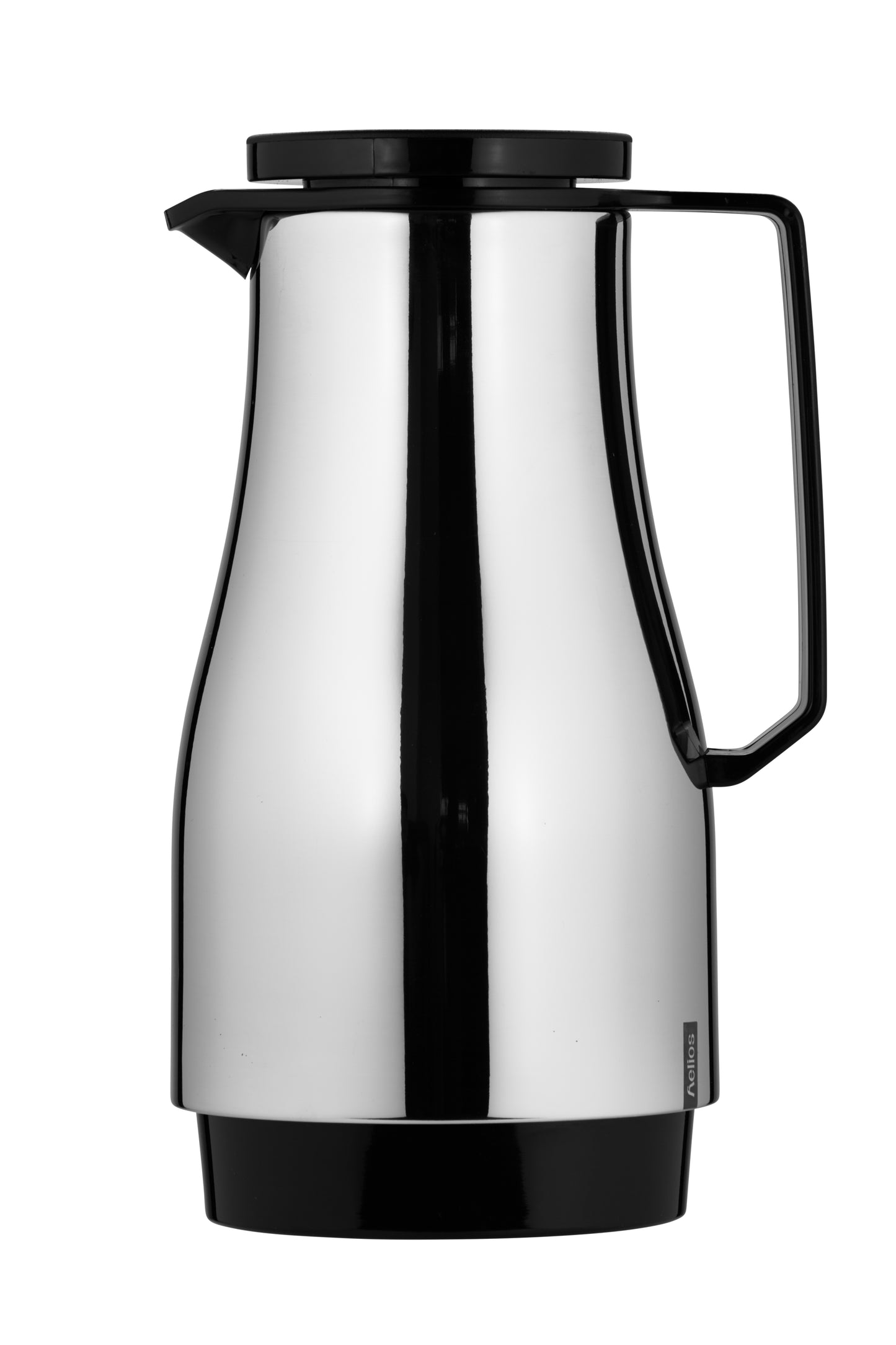 Silberne Thermoskanne mit schwarzem Griff.