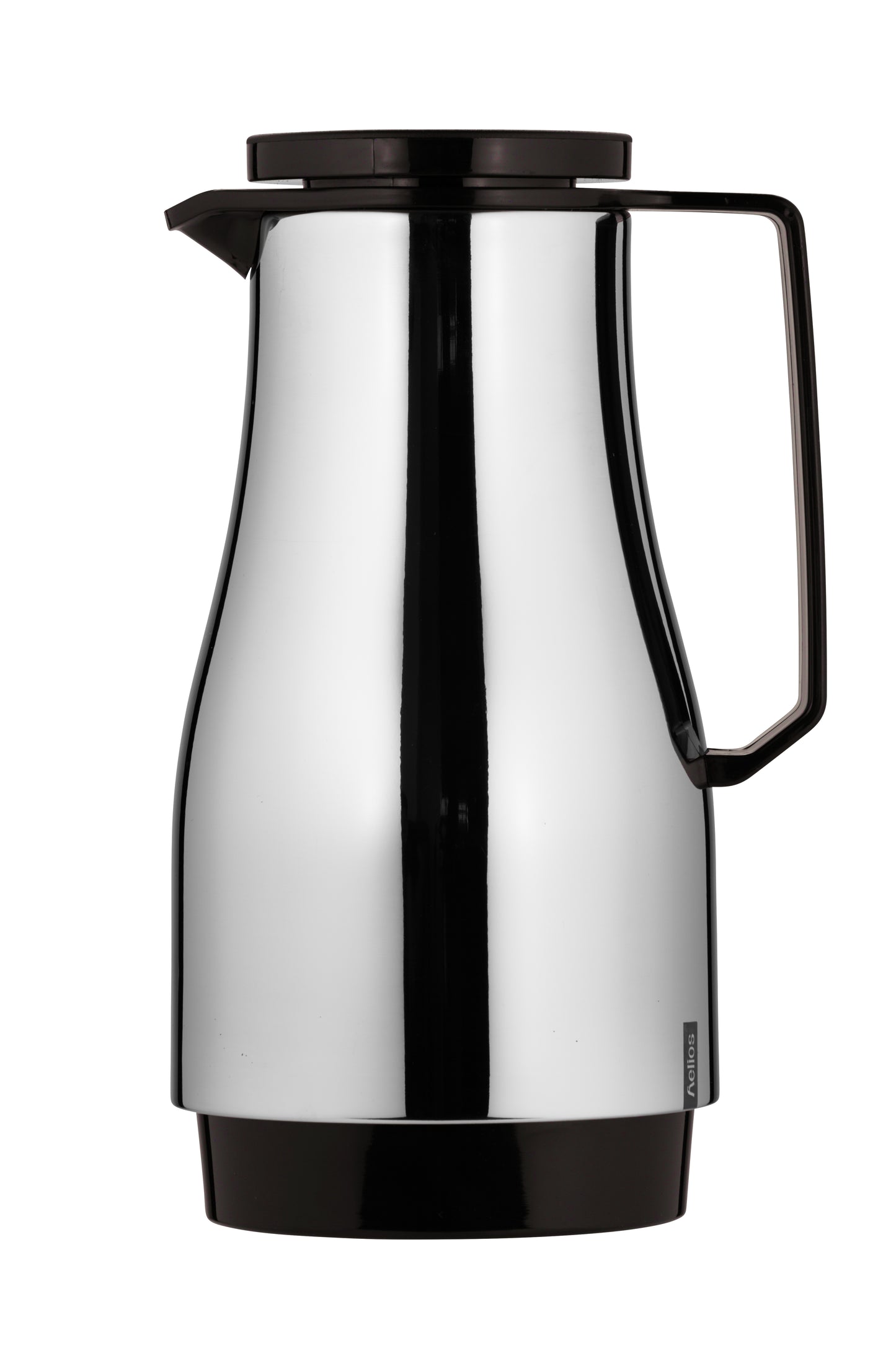Silberne Thermoskanne mit schwarzem Griff.