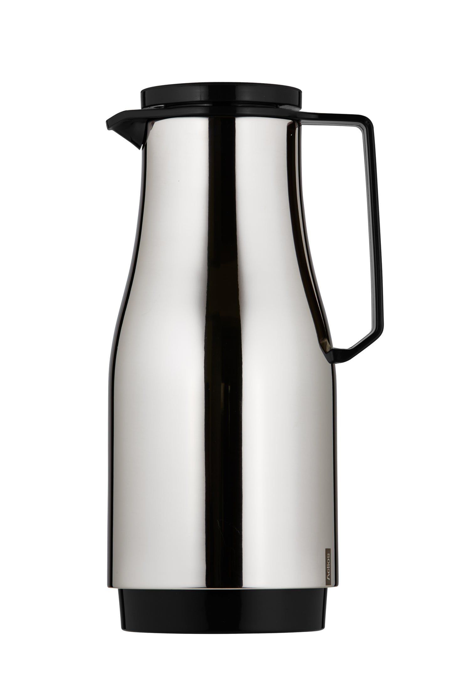 Silberne Thermoskanne mit schwarzem Griff.