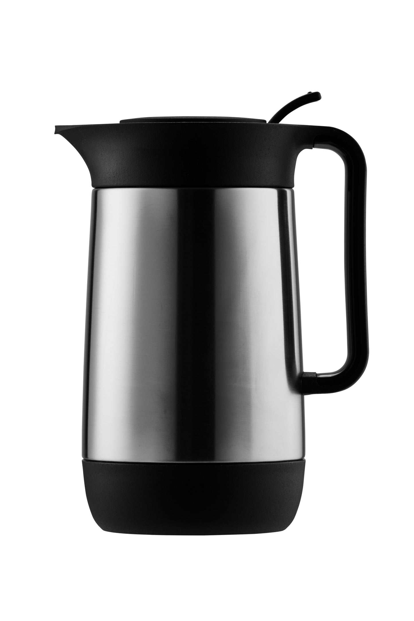 Thermoskanne aus Edelstahl mit schwarzem Griff.