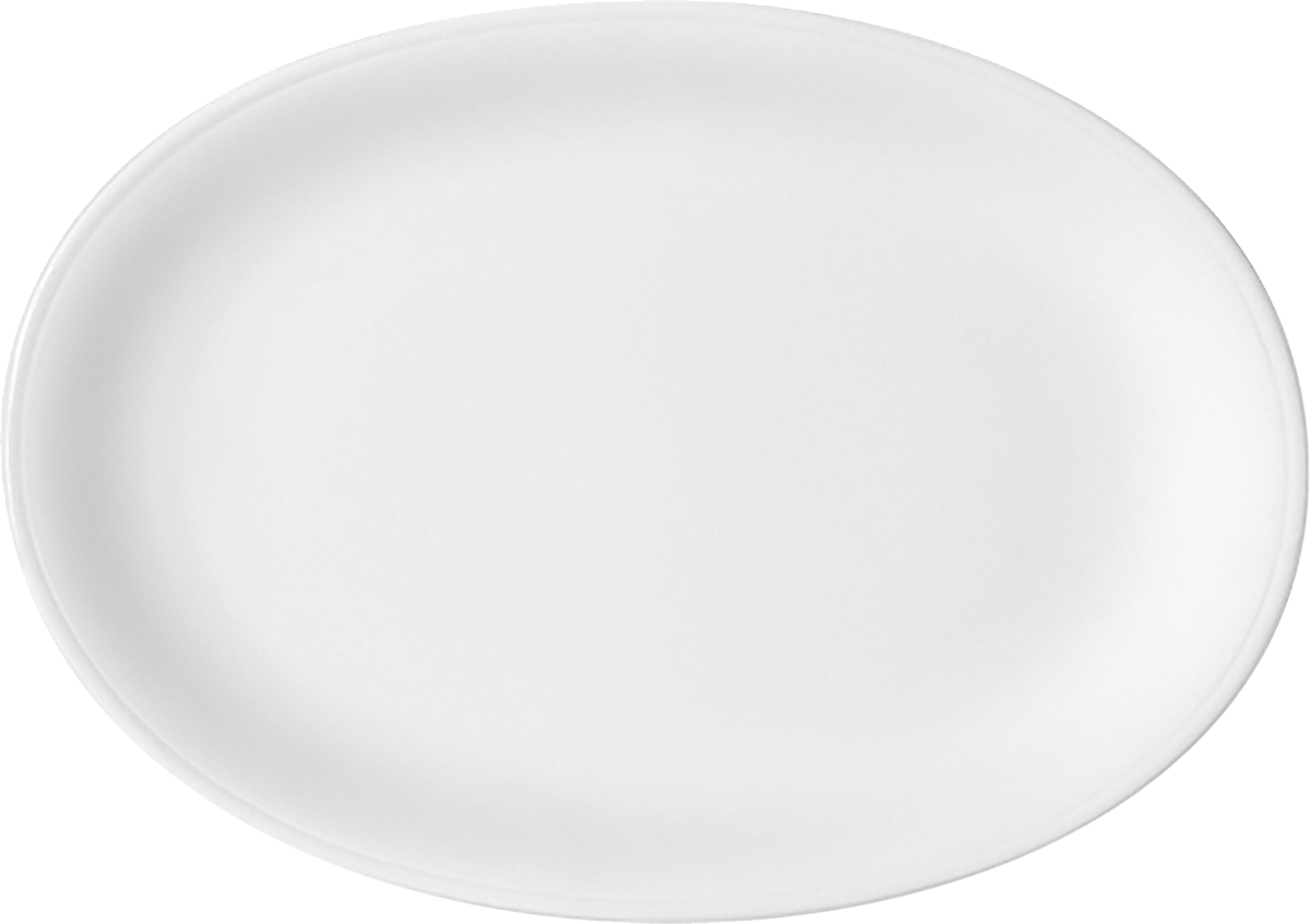 Weiße, ovale Servierschale, seitlich.