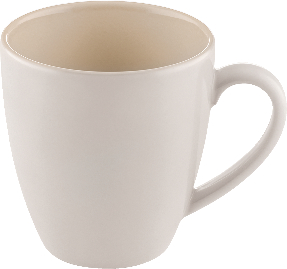 Beige Tasse mit Henkel.