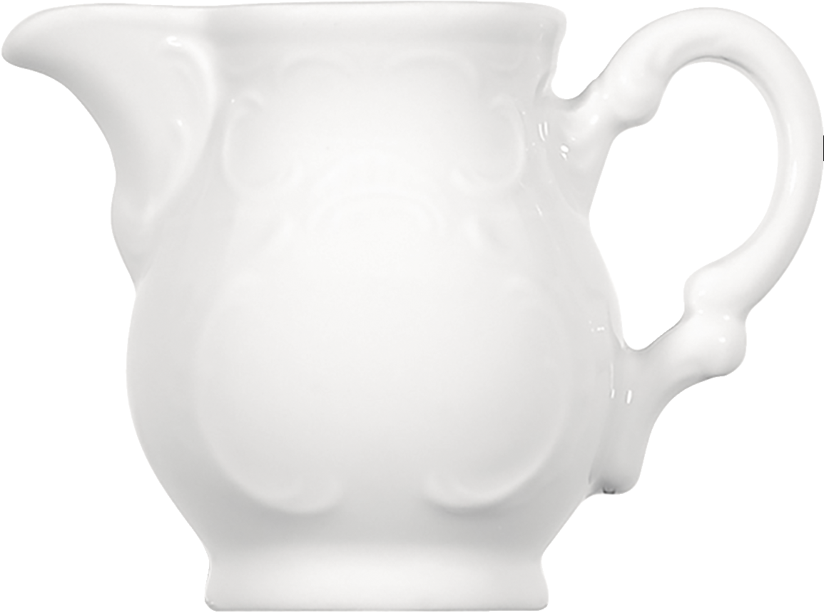 Weißer Porzellan-Milchkännchen seitlich.