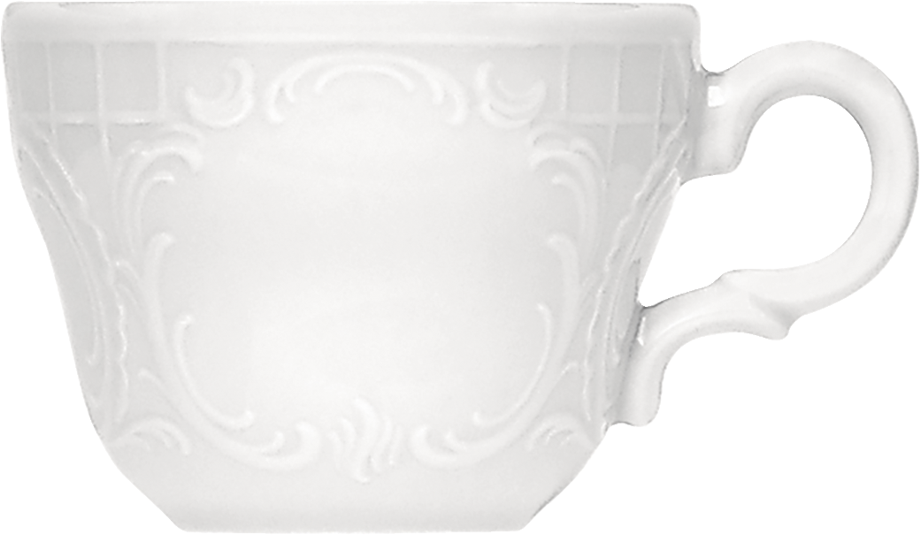 Weiße Tasse mit Verzierungen.