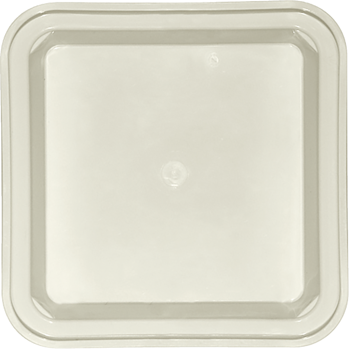 Quadratischer, weißer Porzellanteller, schlicht.